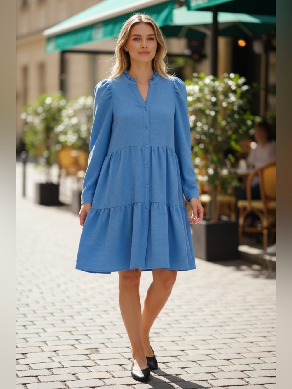 Jade Long Sleeve Tiered Mini Dress in Cornflower Blue, Size XS